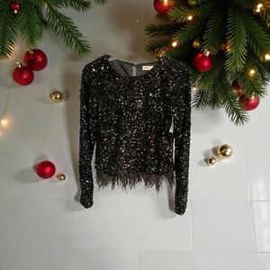 New Elegant Black Sequin Blouse with Feather Detail size Medium